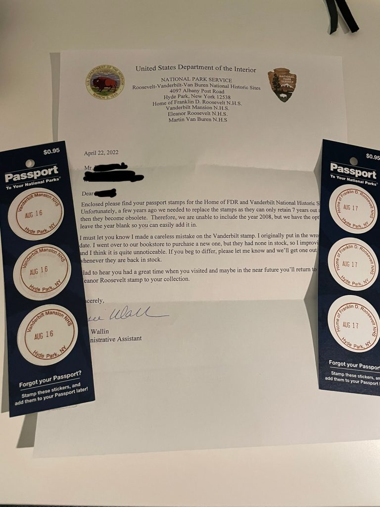 Letter from NPS with passport stamps