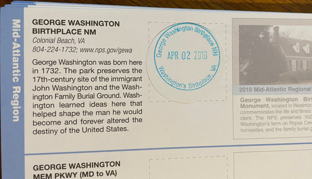 Stamp in book for George Washington Birthplace National Monument