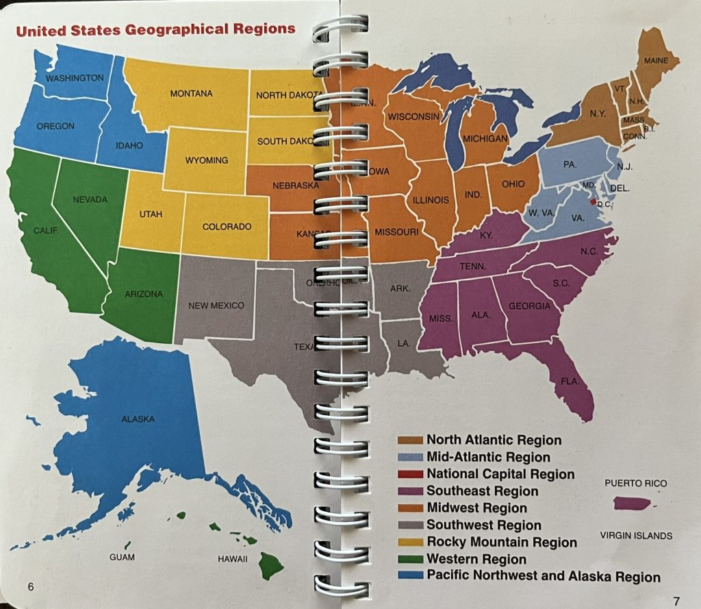 map of USA with geographical regions for passport stamps