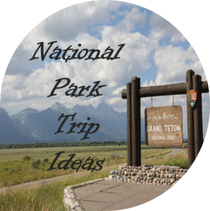 Words "National Park Trip Ideas" written over an image of the entrance to Grand Teton National Park