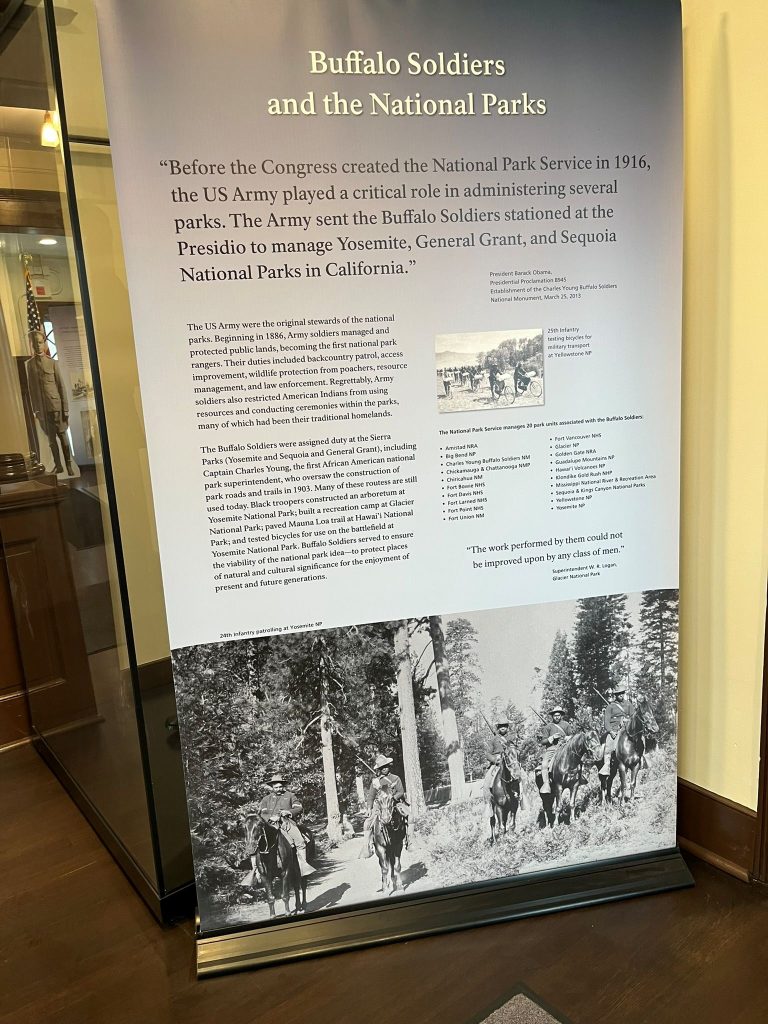 Museum exhibit detailing how Buffalo Soldiers served as some of America's first park rangers at the Charles Young Buffalo Soldiers National Monument