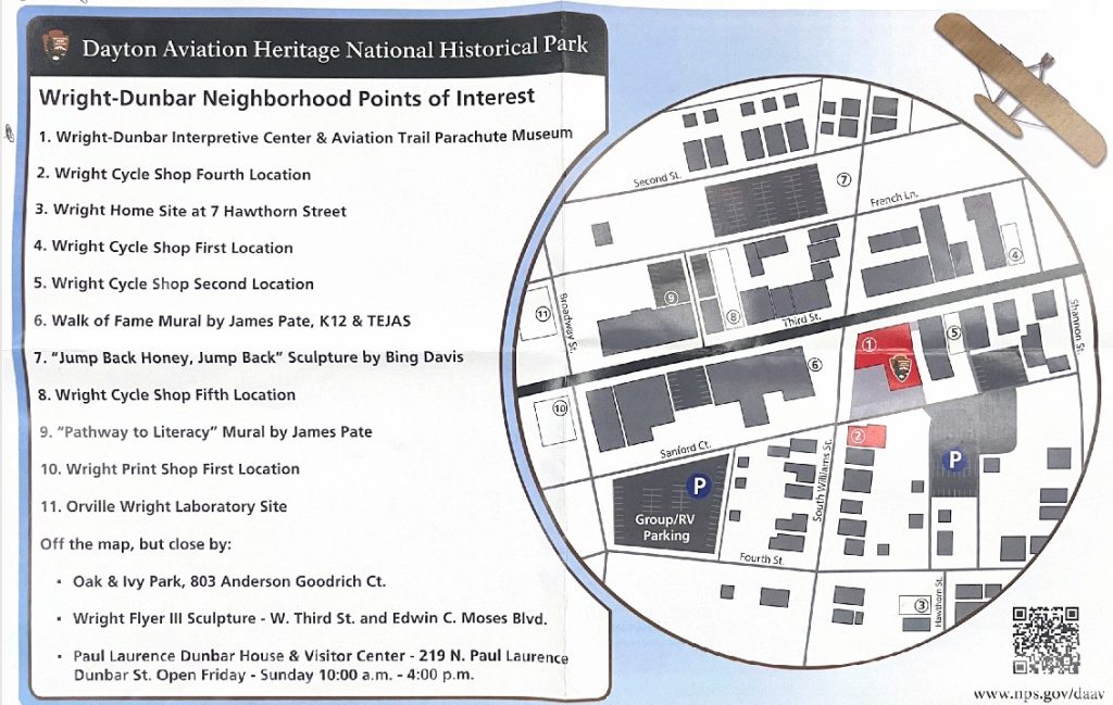 Dayton Aviation Heritage National Historical Park neighborhood map showing Wright-Dunbar area points of interest including Wright-Dunbar Interpretive Center, multiple Wright Cycle Shop locations, Wright home site, and Paul Laurence Dunbar House with numbered locations and street layout