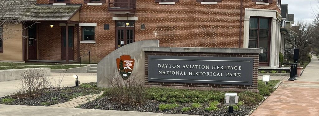 Dayton Aviation Heritage National Historical Park entrance sign and visitor center building