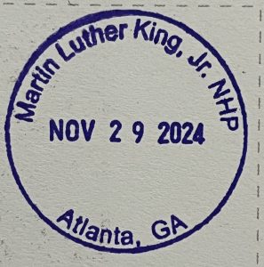 Circular passport stamp reading Martin Luther King Jr NHP Atlanta GA with November 29 2024 date