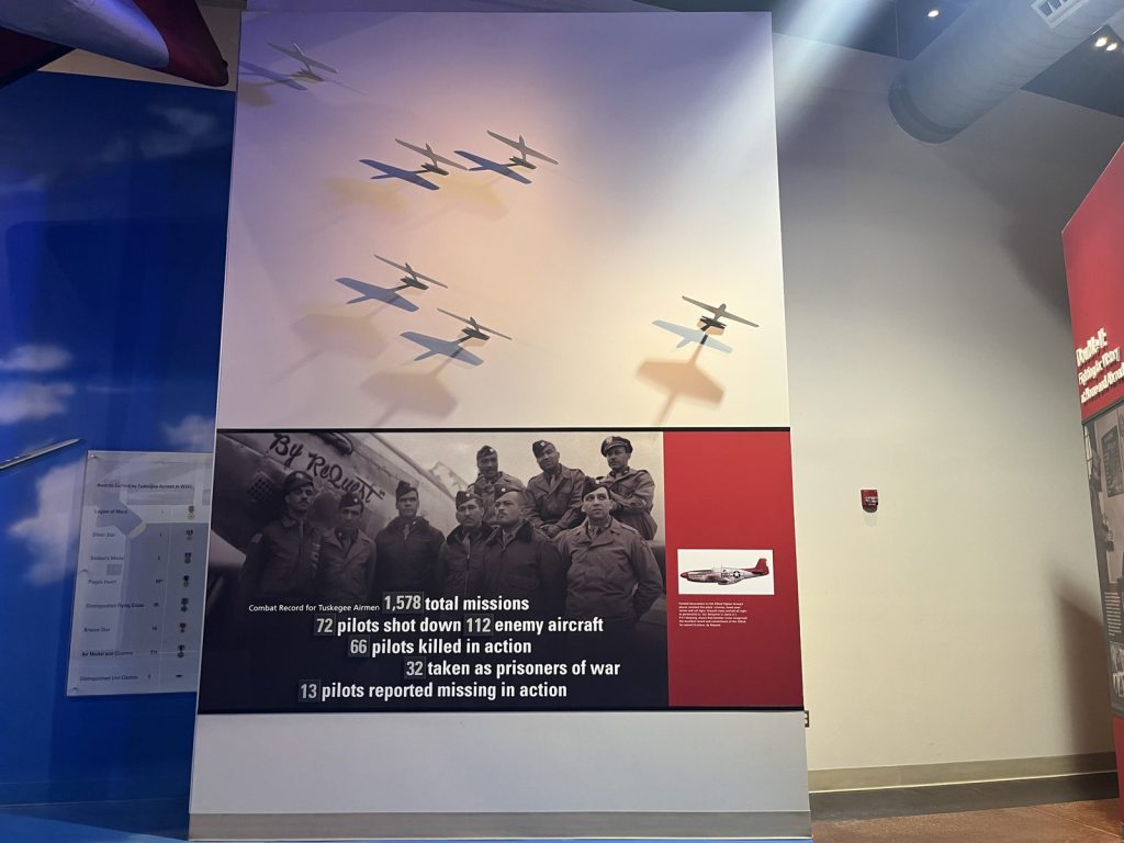 ombat record wall at Tuskegee Airmen NHS showing 1578 missions and other statistics of the Tuskegee Airmen