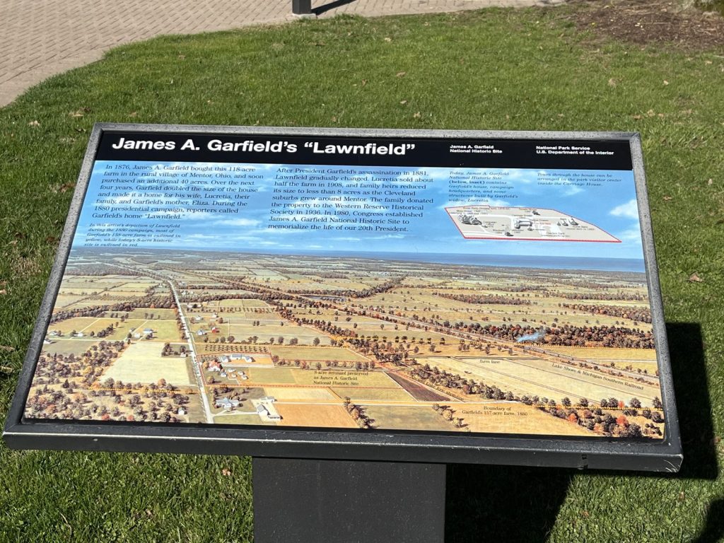 nterpretive panel showing an aerial map of James A. Garfield's Lawnfield property in Mentor Ohio