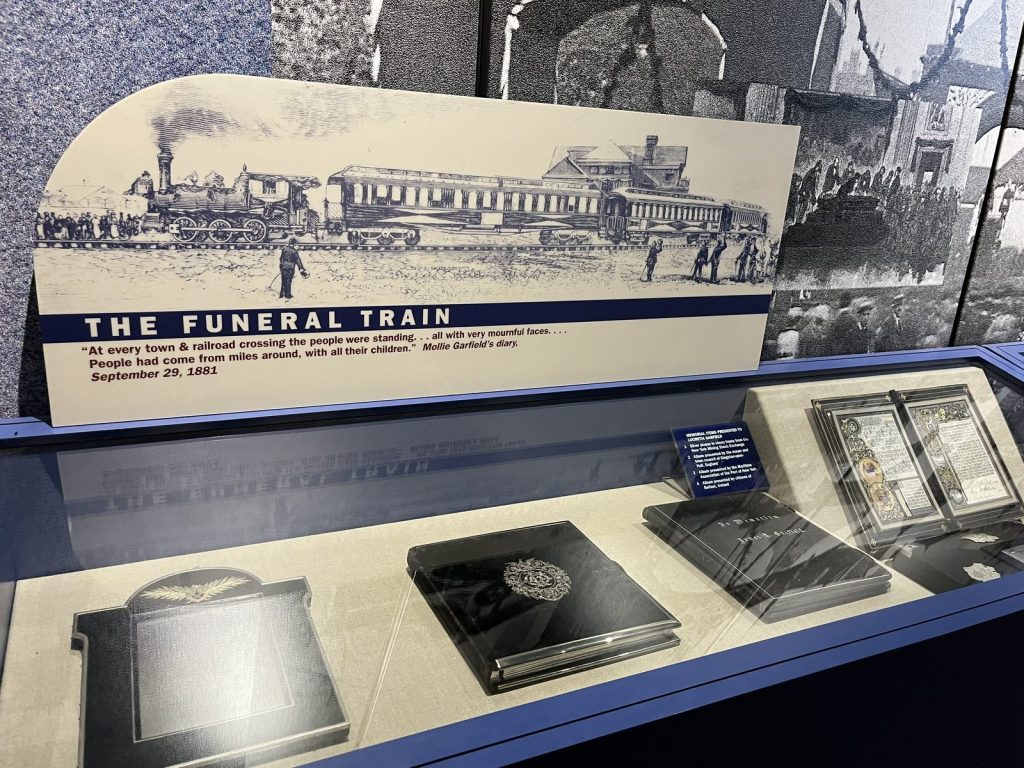 The Funeral Train exhibit display case inside the James A. Garfield National Historic Site museum
