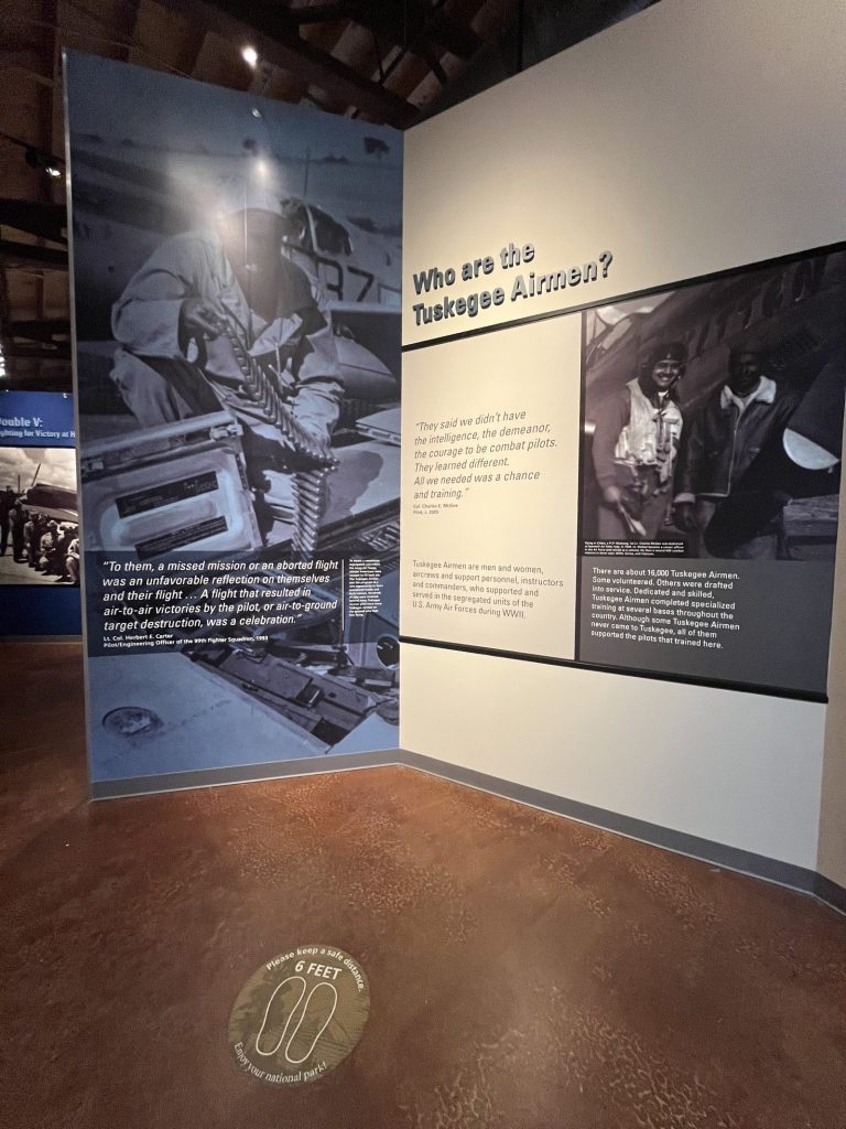 ho Are the Tuskegee Airmen introductory exhibit panel at Tuskegee Airmen National Historic Site
