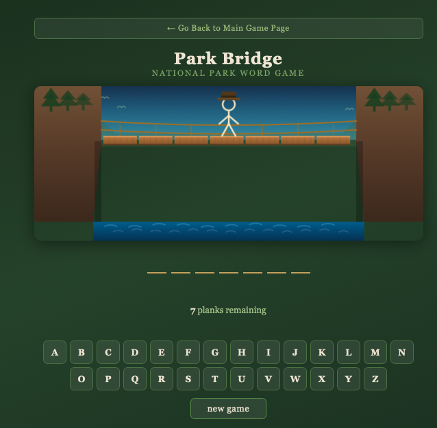 game called park Bridge with computer image of a stick man on a wooden bridge with letters and spaces for guessing word