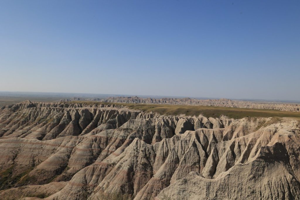 Sharp Badlands pinnacles lined along the horizon above flat grassland