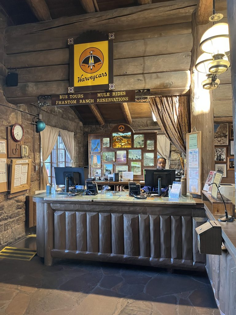 Harvey's mule rides and Phantom Ranch reservations desk inside Bright Angel Lodge 