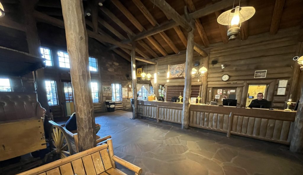 Rustic log interior of Bright Angel Lodge lobby at Grand Canyon South Rim