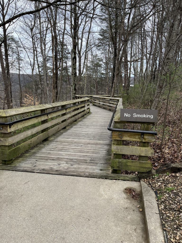 Wooden boardwalk overlook platform at Fayette Station area of New River Gorge National Park leading toward gorge view