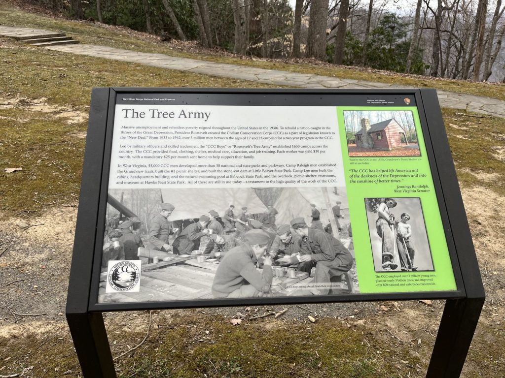 The Tree Army interpretive sign at Grandview describing the Civilian Conservation Corps history at New River Gorge
